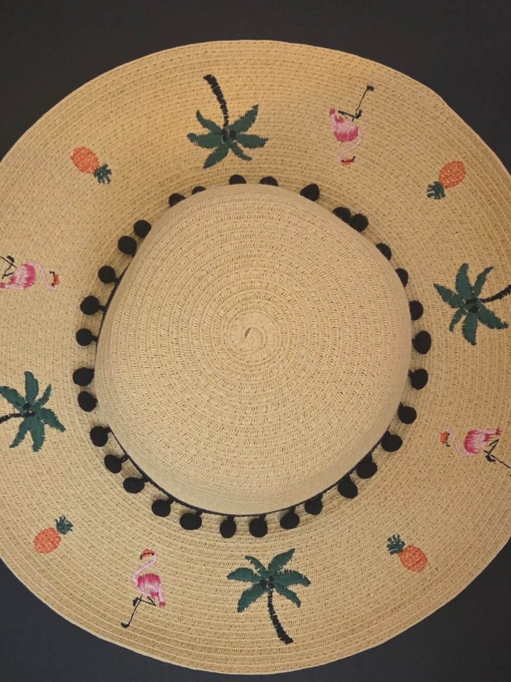 Betsey Johnson Embroidered Floppy Sun Hat Pineapple and Flamingos